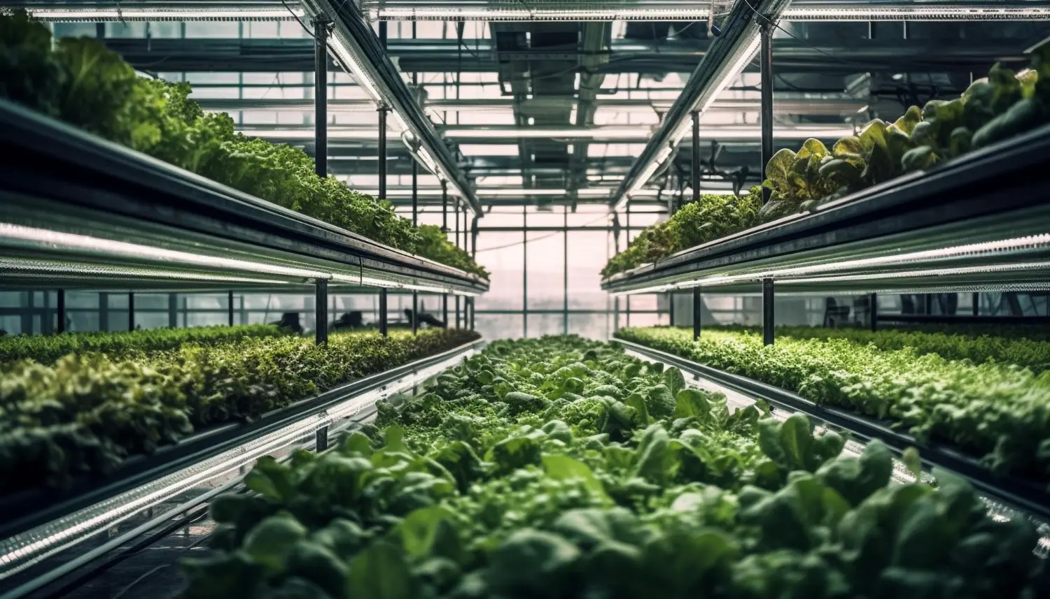 Estanterías con cultivos hidropónicos de plantas verdes en un invernadero moderno.